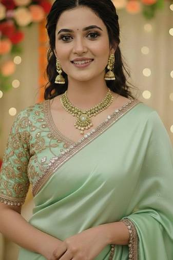 Pista green satin saree embroidery saree with embroidery unstitched blouse piece