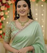 Pista green satin saree embroidery saree with embroidery unstitched blouse piece