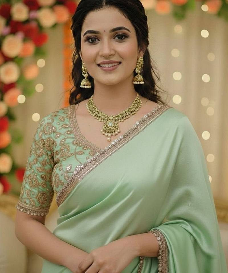 Pista green satin saree embroidery saree with embroidery unstitched blouse piece