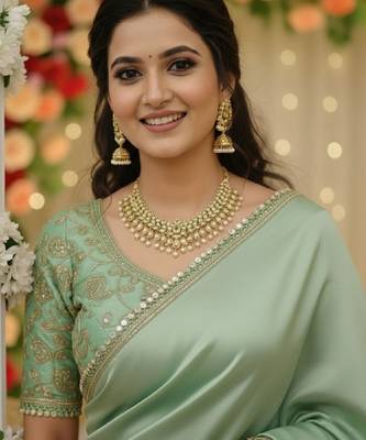 Pista green satin saree embroidery saree with embroidery unstitched blouse piece 2