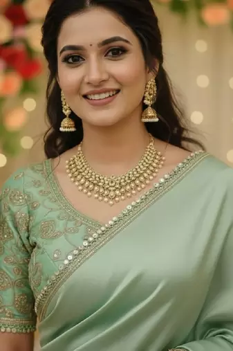 Pista green satin saree embroidery saree with embroidery unstitched blouse piece