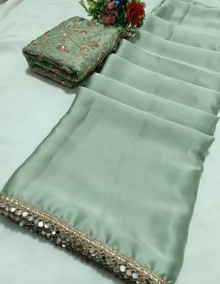 Pista green satin saree embroidery saree with embroidery unstitched blouse piece 3