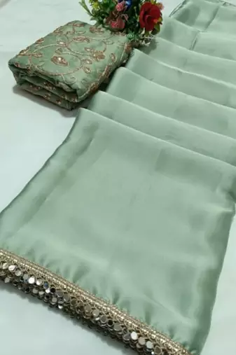Pista green satin saree embroidery saree with embroidery unstitched blouse piece