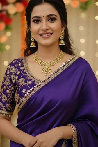Purple satin saree embroidery saree with embroidery unstitched blouse piece