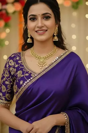 Purple satin saree embroidery saree with embroidery unstitched blouse piece