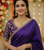 Purple satin saree embroidery saree with embroidery unstitched blouse piece
