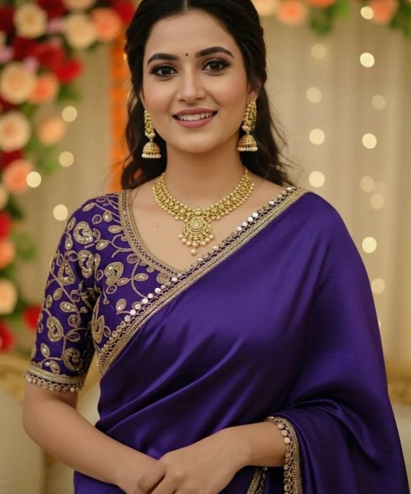 Purple soft japan satin saree embroidery work designer party wear saree with embroidery unstitched blouse piece