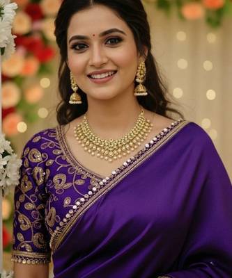 Purple satin saree embroidery saree with embroidery unstitched blouse piece 2