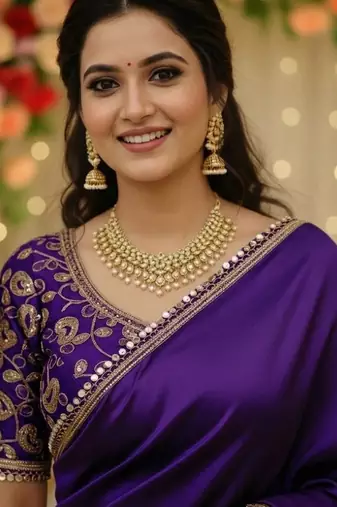 Purple satin saree embroidery saree with embroidery unstitched blouse piece