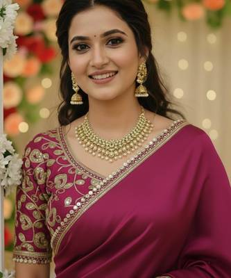 Wine satin saree embroidery saree with embroidery unstitched blouse piece 1
