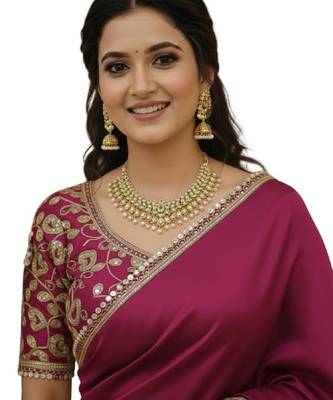 Wine satin saree embroidery saree with embroidery unstitched blouse piece 2