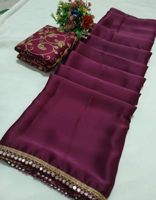 Wine satin saree embroidery saree with embroidery unstitched blouse piece 3