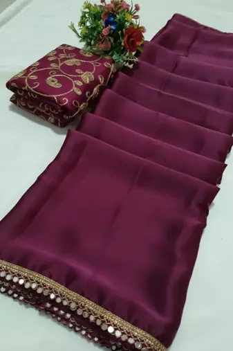 Wine satin saree embroidery saree with embroidery unstitched blouse piece