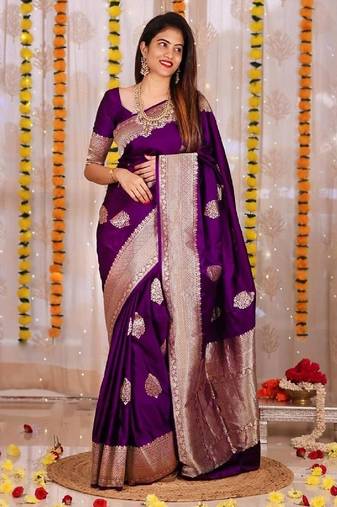 Puple silk blend banarasi saree with unstitched blouse piece