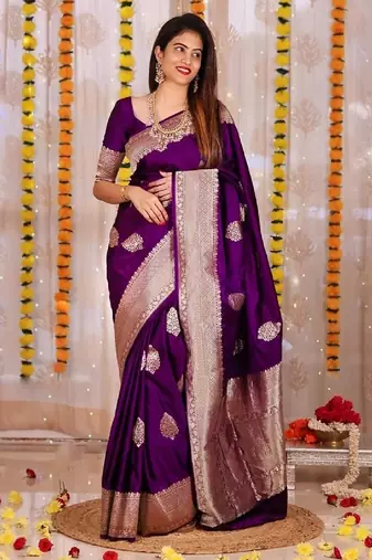 Puple silk blend banarasi saree with unstitched blouse piece