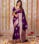 Puple silk blend banarasi saree with unstitched blouse piece