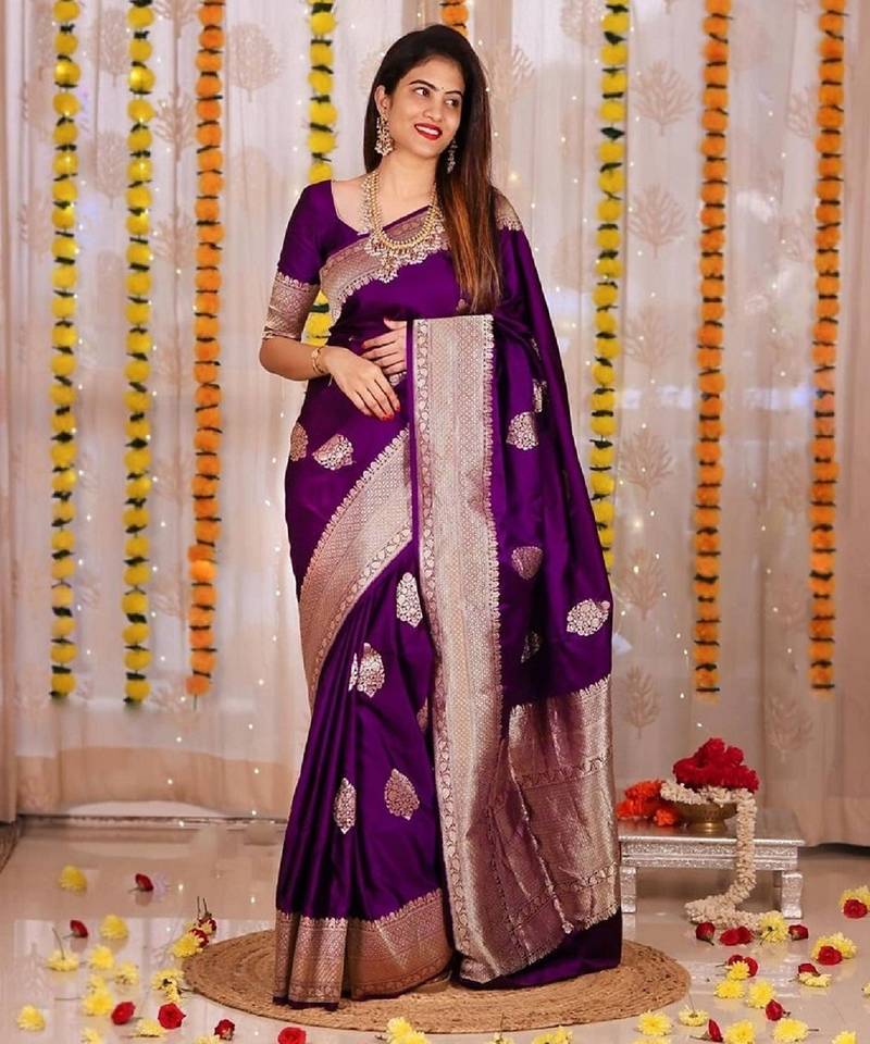 Puple soft silk blend banarasi jacuard work designer party wear saree with unstitched blouse piece