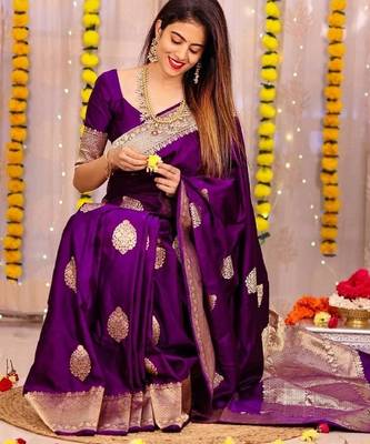 Puple silk blend banarasi saree with unstitched blouse piece 2