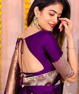 Puple silk blend banarasi saree with unstitched blouse piece 3