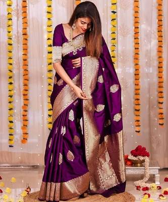 Puple silk blend banarasi saree with unstitched blouse piece 4
