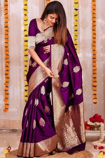 Puple silk blend banarasi saree with unstitched blouse piece
