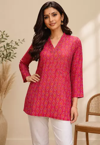 PINK  REYON WITH DIGITAL PRINTED STYLISH WEAR KURTI 