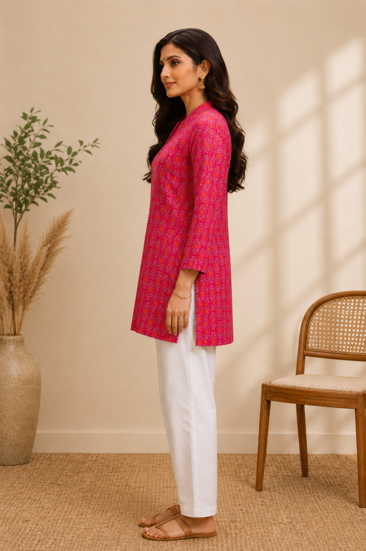 PINK  REYON WITH DIGITAL PRINTED STYLISH WEAR KURTI 