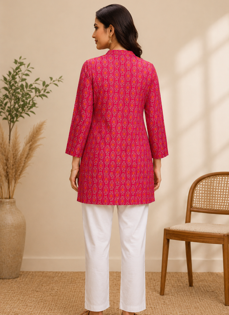 PINK  REYON WITH DIGITAL PRINTED STYLISH WEAR KURTI 