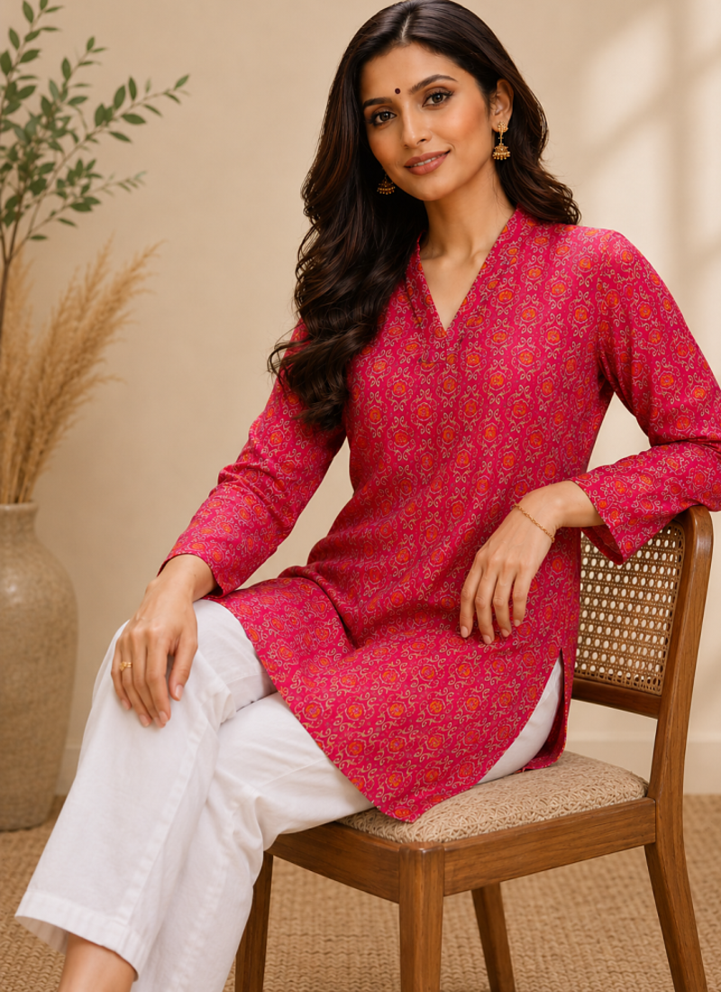 PINK  REYON WITH DIGITAL PRINTED STYLISH WEAR KURTI 