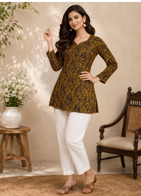 YELLOW Rayon DIGITAL PRINTED KURTI  1