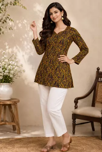 YELLOW  REYON WITH DIGITAL PRINTED STYLISH WEAR KURTI 