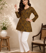 YELLOW  REYON WITH DIGITAL PRINTED STYLISH WEAR KURTI 