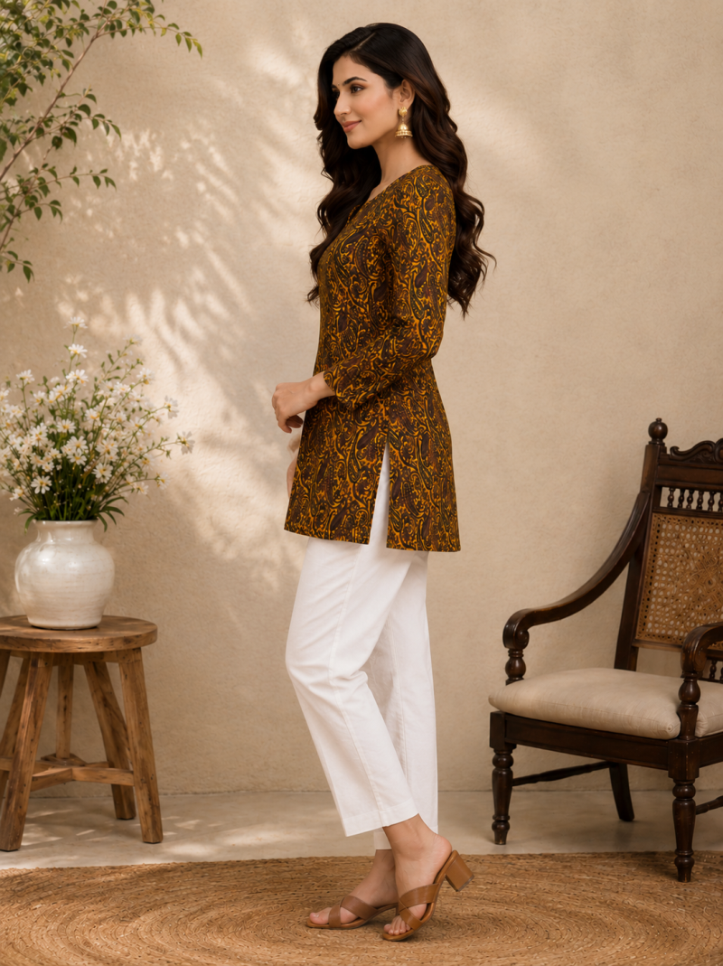 YELLOW  REYON WITH DIGITAL PRINTED STYLISH WEAR KURTI 