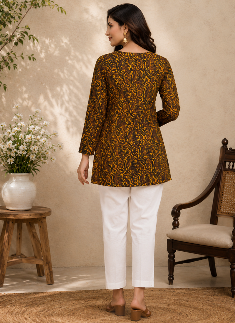 YELLOW  REYON WITH DIGITAL PRINTED STYLISH WEAR KURTI 