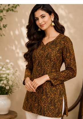 YELLOW Rayon DIGITAL PRINTED KURTI  4