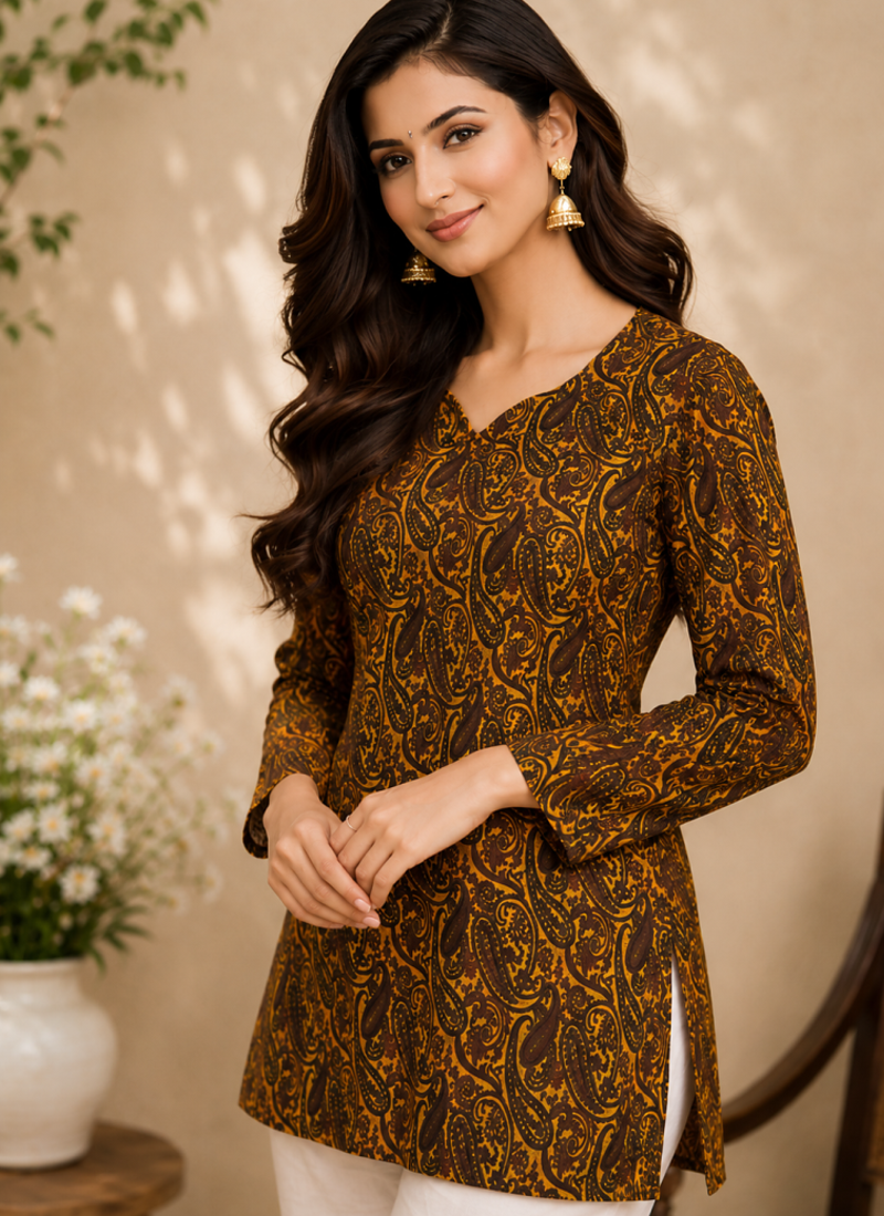 YELLOW  REYON WITH DIGITAL PRINTED STYLISH WEAR KURTI 