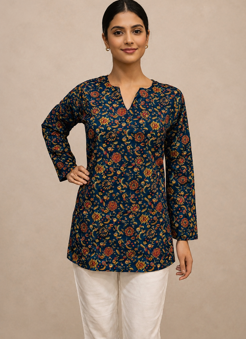 TEAL BLUE  REYON WITH DIGITAL PRINTED STYLISH WEAR KURTI 