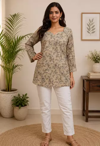 CREAM  REYON WITH DIGITAL PRINTED STYLISH WEAR KURTI 