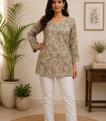 CREAM  REYON WITH DIGITAL PRINTED STYLISH WEAR KURTI 