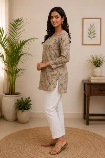 CREAM Rayon DIGITAL PRINTED KURTI 