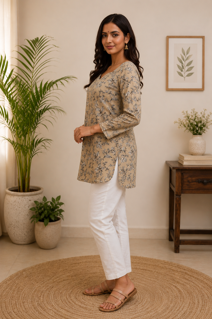 CREAM  REYON WITH DIGITAL PRINTED STYLISH WEAR KURTI 