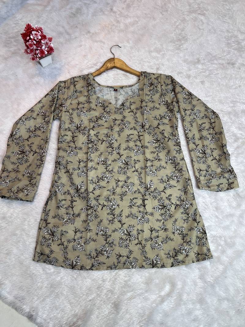 CREAM  REYON WITH DIGITAL PRINTED STYLISH WEAR KURTI 