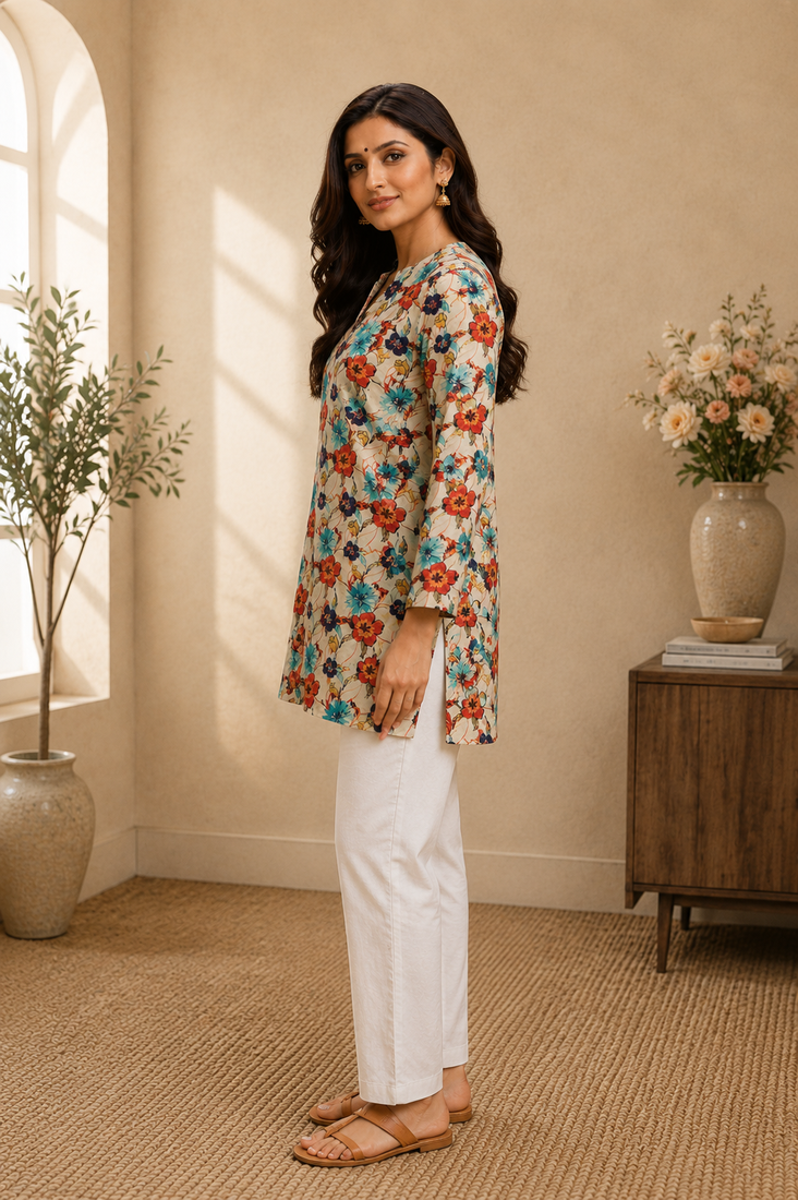 MULTICOLOR  REYON WITH DIGITAL PRINTED STYLISH WEAR KURTI 