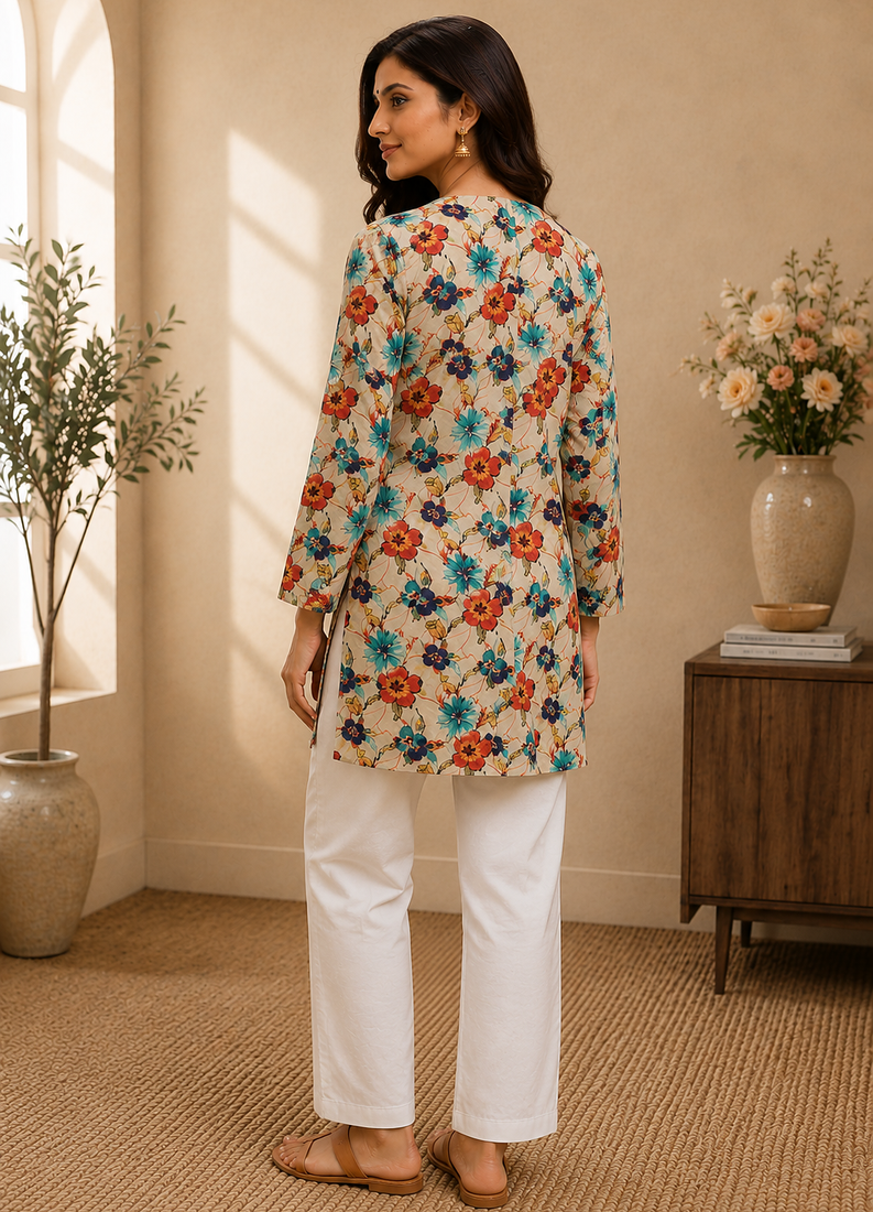 MULTICOLOR  REYON WITH DIGITAL PRINTED STYLISH WEAR KURTI 