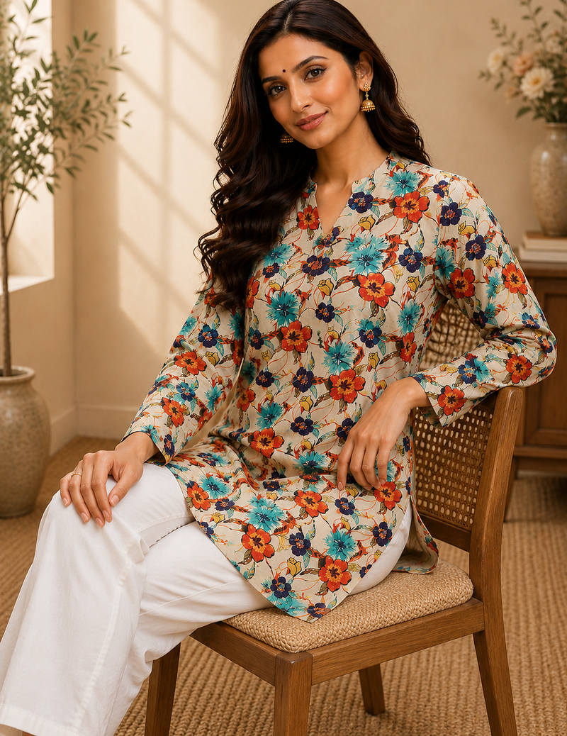 MULTICOLOR  REYON WITH DIGITAL PRINTED STYLISH WEAR KURTI 