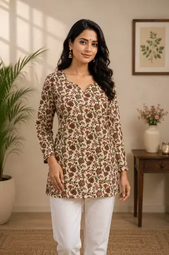 CREAM  REYON WITH DIGITAL PRINTED STYLISH WEAR KURTI 