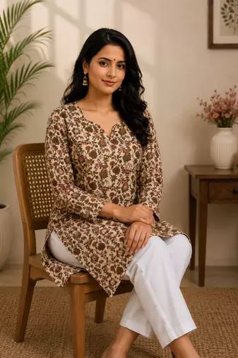 CREAM Rayon DIGITAL PRINTED KURTI 