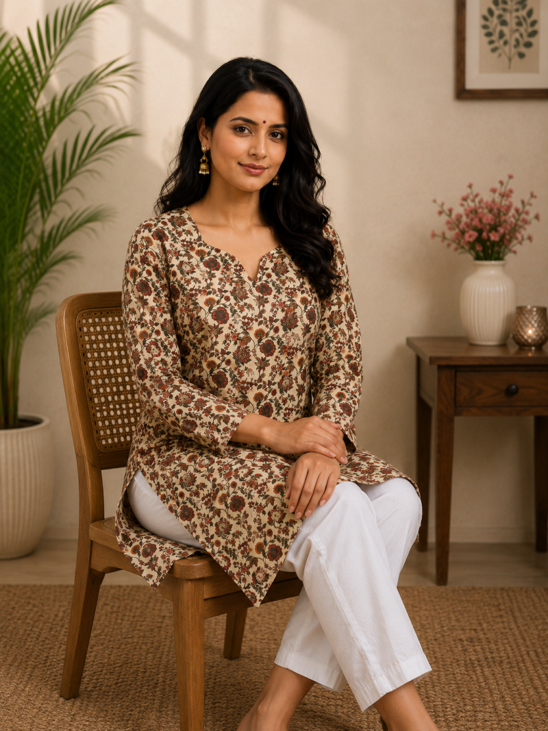 CREAM Rayon DIGITAL PRINTED KURTI 