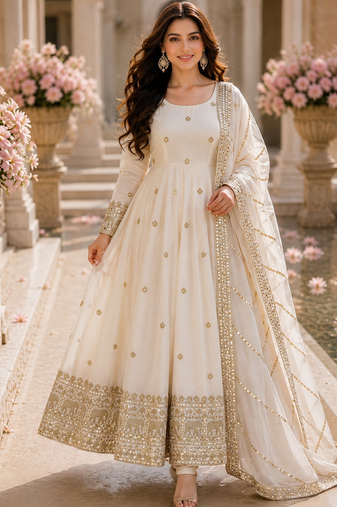 Pure natural vichitra silk anarkali gown with sequence work & dupatta