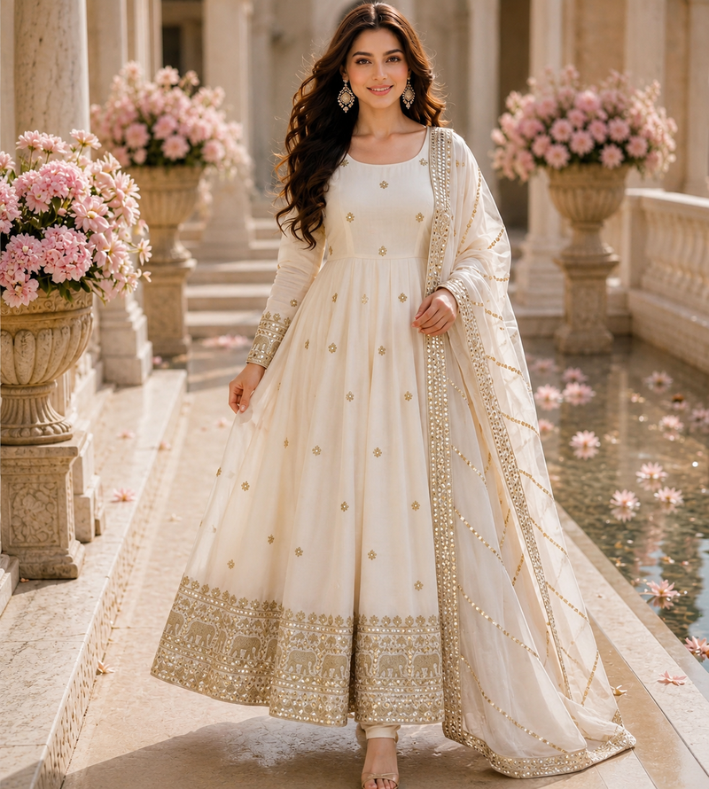 Pure natural vichitra silk anarkali gown with sequence work & dupatta